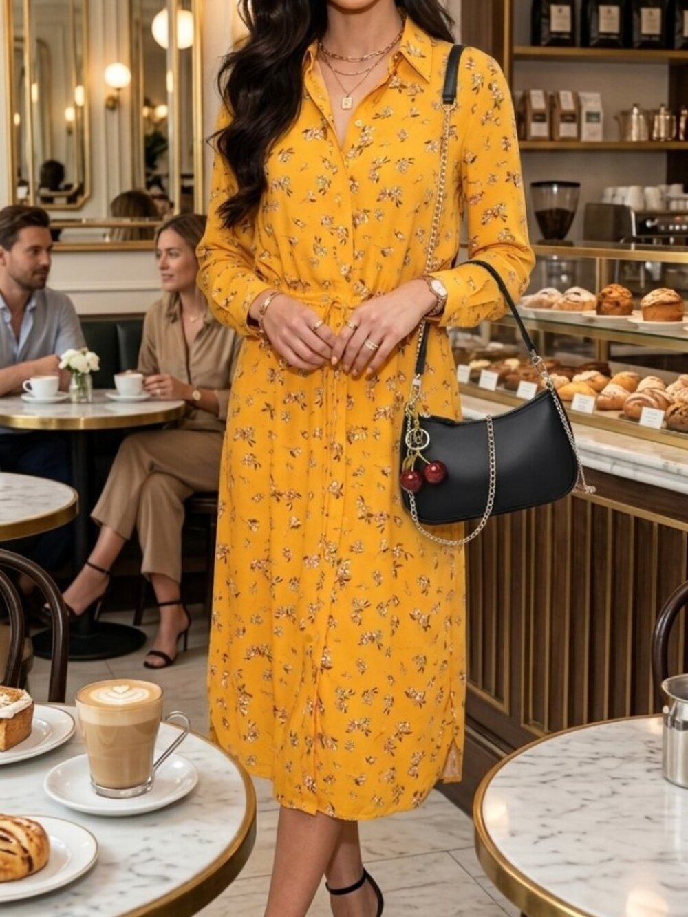 Lauren by Ralph Lauren Mustard Floral Print Long Sleeve Tie Waist Shirt Dress